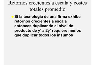 Retornos crecientes a escala y costes
         totales
         t t l promediodi
  Si la tecnología de una firma exhibe
  retornos crecientes a escala
  entonces duplicando el nivel de
  p
  producto de y’ a 2y’ requiere menos
               y     y q
  que duplicar todos los insumos
 