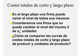 Costes totales de corto y largo p
                             g plazo
  En el largo plazo una firma puede
  variar el nivel de todos sus insumos
  Consideremos una firma que no
  puede cambiar el nivel del insumo 2
  de x2’ unidades
  ¿Cómo se comparan las curvas de
   Có                    l         d
  costes totales de corto y largo plazo
  de producir y unidades de producto?
 