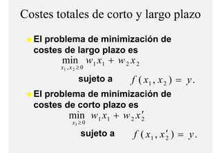 Costes totales de corto y largo p
                             g plazo
  El problema de minimización de
  costes de largo plazo es
        min w 1 x1 + w 2 x 2
         i
        x1 , x 2 ≥ 0

                 sujeto a
                   j t       f ( x1 , x 2 ) = y .
  El problema de minimización de
  costes de corto plazo es
                               ′
            min w 1 x1 + w 2 x 2
              x1 ≥ 0
                  sujeto a              ′
                             f ( x1 , x 2 ) = y .
 