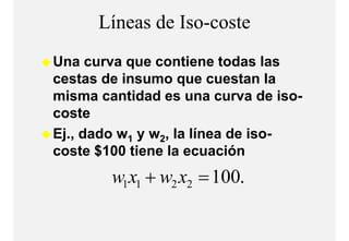 Líneas de Iso-coste
Una curva que contiene todas las
cestas de insumo que cuestan la
misma cantidad es una curva de iso-
coste
Ej., dado w1 y w2, la línea de iso-
coste $100 tiene la ecuación
        w1 x1 + w2 x2 = 100.
 