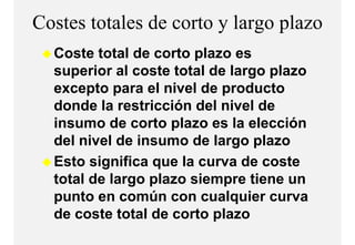 Costes totales de corto y largo p
                             g plazo
  Coste total de corto plazo es
  superior al coste total de largo plazo
  excepto para el nivel de producto
  donde la restricción del nivel de
  insumo de corto plazo es la elección
  del nivel de insumo de largo plazo
  Esto significa que la curva de coste
  tota
  total de largo plazo siempre t e e u
            a go p a o s e p e tiene un
  punto en común con cualquier curva
  de coste total de corto plazo
 