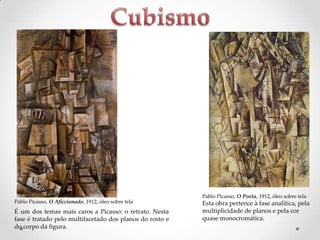 Pablo Picasso, O Aficcionado, 1912, óleo sobre tela

É um dos temas mais caros a Picasso: o retrato. Nesta
fase é tratado pelo multifacetado dos planos do rosto e
do corpo da figura.

Pablo Picasso, O Poeta, 1912, óleo sobre tela

Esta obra pertence à fase analítica, pela
multiplicidade de planos e pela cor
quase monocromática.

 