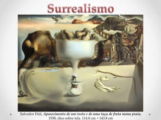 Salvador Dalí, Aparecimento de um rosto e de uma taça de fruta numa praia,
1938, óleo sobre tela. 114.8 cm × 143.8 cm

 