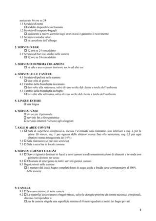 assicurato 16 ore su 24
    1.1 Servizio di notte
           addetto disponibile a chiamata
    1.2 Servizio di trasporto bagagli
           assicurato a mezzo carrello negli orari in cui è garantito il ricevimento
    1.3 Servizio custodia valori
           in cassaforte dell’albergo

2. SERVIZIO BAR
           12 ore su 24 con addetto
    2.1 Servizio di bar reso anche nelle camere
           12 ore su 24 con addetto

3. SERVIZIO DI PRIMA COLAZIONE
         in sale o aree comuni destinate anche ad altri usi

4. SERVIZI ALLE CAMERE
    4.1 Servizio di pulizia nelle camere
           una volta al giorno
    4.2 Cambio della biancheria da camera
           due volte alla settimana, salvo diverse scelte del cliente a tutela dell’ambiente
    4.3 Cambio della biancheria da bagno
           tre volte alla settimana, salvo diverse scelte del cliente a tutela dell’ambiente

5. LINGUE ESTERE
        una lingua

6. SERVIZI VARI
        divise per il personale
        servizio fax e fotocopiatrice
        servizio internet riservato agli alloggiati

7. SALE O AREE COMUNI
    7.1  Sala di superficie complessiva, esclusa l’eventuale sala ristorante, non inferiore a mq. 4 per le
         prime 10 stanze, mq. 1 per ognuna delle ulteriori stanze fino alla ventesima, mq. 0,5 per ogni
         ulteriore stanza (maggiorata del 10%)
    7.2 Sala ristorante (se previsto servizio)
    7.3 Sala o area bar in locale comune

8. SERVIZI IGIENICI E BAGNI
    8.1 Servizi igienici destinati ai locali e aree comuni e/o di somministrazione di alimenti e bevande con
           gabinetto distinto per sesso
    8.2 Chiamata di emergenza in tutti i servizi igienici comuni
    8.3 Bagni privati nelle camere:
           il numero dei locali bagno completi dotati di acqua calda e fredda deve corrispondere al 100%
          delle camere




9. CAMERE
    9.1 Numero minimo di sette camere
    9.2 Le superfici delle camere e bagni privati, salve le deroghe previste da norme nazionali o regionali,
       devono corrispondere a:
         per la camera singola una superficie minima di 8 metri quadrati al netto dei bagni privati

                                                                                                          4
 