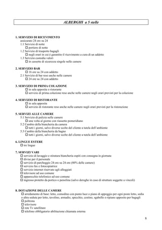 ALBERGHI a 5 stelle


1. SERVIZIO DI RICEVIMENTO
    assicurato 24 ore su 24
    1.1 Servizio di notte
           portiere di notte
    1.2 Servizio di trasporto bagagli
           negli orari in cui è garantito il ricevimento a cura di un addetto
    1.3 Servizio custodia valori
           in cassette di sicurezza singole nelle camere

2. SERVIZIO BAR
           16 ore su 24 con addetto
    2.1 Servizio di bar reso anche nelle camere
           24 ore su 24 con addetto

3. SERVIZIO DI PRIMA COLAZIONE
         in sala apposita o ristorante
         servizio di prima colazione reso anche nelle camere negli orari previsti per la colazione

4. SERVIZIO DI RISTORANTE
         in sala apposita
         servizio di ristorante reso anche nelle camere negli orari previsti per la ristorazione

5. SERVIZI ALLE CAMERE
    5.1 Servizio di pulizia nelle camere
           una volta al giorno con riassetto pomeridiano
    5.2 Cambio della biancheria da camera
           tutti i giorni, salvo diverse scelte del cliente a tutela dell’ambiente
    5.3 Cambio della biancheria da bagno
           tutti i giorni, salvo diverse scelte del cliente a tutela dell’ambiente

6. LINGUE ESTERE
      tre lingue

7. SERVIZI VARI
      servizio di lavaggio e stiratura biancheria ospiti con consegna in giornata
      divise per il personale
      servizio di parcheggio 24 ore su 24 ore (80% delle camere)
      servizio fax e fotocopiatrice
      servizio internet riservato agli alloggiati
      televisore ad uso comune
      apparecchio telefonico ad uso comune
      ingresso protetto da portico o pensilina (salvo deroghe in caso di strutture soggette a vincoli)


8. DOTAZIONE DELLE CAMERE
       arredamento di base: letto, comodino con punto luce o piano di appoggio per ogni posto letto, sedia
    o altra seduta per letto, tavolino, armadio, specchio, cestino, sgabello o ripiano apposito per bagagli
       poltrona
       televisore
       rete Tv satellitare
       telefono obbligatorio abilitazione chiamata esterna

                                                                                                              8
 