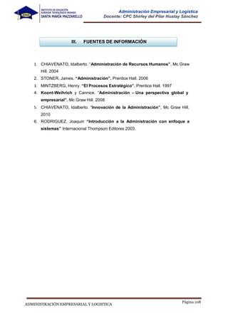 Página 108
ADMINISTRACIÓN EMPRESARIAL Y LOGISTICA
Administración Empresarial y Logística
Docente: CPC Shirley del Pilar Huatay Sánchez
1. CHIAVENATO, Idalberto. “Administración de Recursos Humanos”, Mc Graw
Hill. 2004
2. STONER, James. “Administración”. Prentice Hall. 2006
3. MINTZBERG, Henry. “El Procesos Estratégico”. Prentice Hall. 1997
4. Koont-Weihrich y Cannice. “Administración – Una perspectiva global y
empresarial”. Mc Graw Hill. 2008.
5. CHIAVENATO, Idalberto. “Innovación de la Administración”, Mc Graw Hill.
2010
6. RODRIGUEZ, Joaquin “Introducción a la Administración con enfoque a
sistemas” Internacional Thompson Editores 2003.
III. FUENTES DE INFORMACIÓN
 