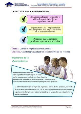 ADMINISTRACIÓN, CONTABILIDAD YSECRETARIADO Página 12
Administración Empresarial y Logística
Docente: CPC Shirley del Pilar Huatay Sánchez
OBJECTIVOS DE LA ADMINISTRACIÓN
Eficacia. Cuando la empresa alcanza sus metas
Eficiencia. Cuando logra sus objetivos con el mínimo de sus recursos.
Importancia de la
Administración
La administración es un órgano
social específicamente encargado de hacer
que los recursos sean productivos, refleja el espíritu
esencial de la era moderna, es indispensable y esto explica por
qué una vez creada creció con tanta rapidez y tan poca oposición.
La administración busca el logro de objetivos a través de las personas, mediante
técnicas dentro de una organización. Ella es el subsistema clave dentro de un sistema
organizacional. Comprende a toda organización y es fuerza vital que enlaza todos los
demás subsistemas.
Alcanzar en forma eficiente y
eficaz los objetivos de un
organismo social.
Es permitirle a l a empresa tener
una perspectiva más amplia del medio
en el cual se desarrolla.
Asegurar que la empresa
produzca o preste sus servicios.
 