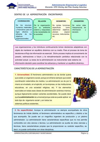ADMINISTRACIÓN, CONTABILIDAD YSECRETARIADO Página 13
Administración Empresarial y Logística
Docente: CPC Shirley del Pilar Huatay Sánchez
DENTRO DE LA ADMINISTRACIÓN ENCONTRAMOS
COORDINACIÓN
De los recursos
humanos, materiales
y financieros para el
logro efectivo y
eficiente de los
objetivos
organizacionales.
RELACIÓN
De la organización
con su ambiente
externo y respuestas
a las necesidades de
la sociedad.
DESEMPEÑO
De ciertas funciones
especificas como
determinar objetivos,
planear, asignar
recursos, instrumentar,
etc.
DESEMPEÑO
De varios roles
interpersonal, de
información y
decisión.
CARACTERÍSTICAS DE LA ADMINISTRACIÓN
Las organizaciones y los individuos continuamente toman decisiones adaptativas con
objeto de mantener en equilibrio dinámico con su medio. Para el proceso de toma de
decisiones el flujo de información es esencial. Dicho proceso implica el conocimiento de
pasado, estimaciones a futuro y la retroalimentación periódica relacionada con la
actividad actual. La tarea de la administración es instrumentar este sistema de
información-decisión para coordinar los esfuerzos y mantener un equilibrio dinámico.
1. Universalidad. El fenómeno administrativo se da donde quiera
que existe un organismo social, porque en él tiene siempre que existir
coordinación sistemática de medios. La administración se da por lo
mismo en el estado, en el ejército, en la empresa, en las instituciones
educativas, en una sociedad religiosa, etc. Y los elementos
esenciales en todas esas clases de administración seránlos mismos,
aunque lógicamente existan variantes accidentales. Se puede decir
que La administración es universal porque esta se puede aplicar en
todo tipo de organismo social y en todos los
sistemas políticos existentes.
2. Su especificidad. Aunque la administración va siempre acompañada de otros
fenómenos de índole distinta, el fenómeno administrativo es específico y distinto a los
que acompaña. Se puede ser un magnífico ingeniero de producción y un pésimo
administrador. La administración tiene características específicas que no nos permite
confundirla con otra ciencia o técnica. La administración se auxilia de otras ciencias y
técnicas, tiene características propias que le proporcionan su carácter específico, es
decir, no puede confundirse con otras disciplinas.
 