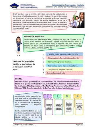 ADMINISTRACIÓN GENERAL Página 21
Cambios de los Sistemas de Producción
Disminución en los costos de producción
Aparecen los grandes inventos.
Aparece una nueva clase social: obrero.
Desaparece el pequeño artesano
REVOLUCIÓN INDUSTRIAL
Tiene sus inicios a fines del siglo XVlll y principios del siglo XlX. Consiste en un
cambio de los modelos de producción. Aquella producción hecha a mano y
limitada pasa a ser una producción hecha a máquina y en serie. Donde se
presenta con mayor fuerza es en Inglaterra, pero también hay cambios fuertes
en Francia, Italia, Alemania, EE.UU, etc.
1
2
Dentro de los principales
3
cambios y aportaciones de
la revolución industrial
4
están: 5
6
SUN TZU
Otra obra clásica que ofrece sus conocimientos a los administradores modernos es
El arte de la guerra, escrita por Sun Tzu, el filósofo chino, hace más de dos mil años.
La obra fue modificada y usada por Mao Tse Tung, fundador de la República Popular
China en 1949. Entre los postulados de Sun Tzu cabe destacar los siguientes:
Aunque estas reglas pretendían ser
una guía para la estrategia militar,
desde hace mucho se han utilizado
en la planeación de una estrategia
para enfrentar a empresas
competidoras.
Existen reacciones de todo tipo en la
revolución industrial, pero dentro de
las más importantes está la de la
iglesia católica y la de los
economistas liberales.
Cuando el
enemigo
avanza,
¡hay que
retirarse!
Cuando el
enemigo
se detiene,
¡hay que
hostigarle!
Cuando el
enemigo
pretende
evitar el
combate,
¡hay que
atacarlo!
Cuando el
enemigo se
retira,
¡hay que
perseguirlo
!
S
.mith concluyó que la división del trabajo aumenta la productividad al
incrementar la habilidad y destreza de cada trabajador, al ahorrar tiempo que,
por lo general, se pierde al cambiar de actividades, y al crear inventos y
maquinaria que ahorraban trabajo. La amplia popularidad actual de la
especialización del trabajo (tanto en puestos de servicio como la enseñanza
y la medicina como en las líneas de ensamble en las plantas de automóviles)
se debe sin lugar a duda a las ventajas económicas que citara hace más de
200 años Adam Smith.
Aparece la competencia.
 