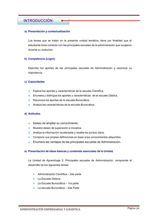ADMINISTRACIÓN EMPRESARIAL Y LOGISTICA
a) Presentación y contextualización
Los temas que se tratan en la presente unidad temática, tiene por finalidad que el
estudiante tome contacto con las principales escuelas de la administración que surgieron
durante su evolución.
b) Competencia (Logro)
Describe los aportes de las principales escuelas de Administración y reconoce su
importancia.
c) Capacidades
 Explica los aportes y características de la escuela Científica.
 Enumera y distingue los aportes y características de la escuela Clásica.
 Reconoce los aportes de la escuela Burocrática.
 Analiza las características de la escuela Burocrática.
d) Actitudes
 Deseo de ampliar su conocimiento.
 Muestra deseo de superación e iniciativa.
 Analiza la información recolectada y resalta los puntos clave.
 Compone sus propias definiciones en base a los conocimientos adquiridos
 Enumera las ventajas de las principales escuelas de Administración.
e) Presentación de ideas básicas y contenido esenciales de la Unidad.
La Unidad de Aprendizaje 2: Principales escuelas de Administración, comprende el
desarrollo de los siguientes temas:
 Administración Científica – 2da parte.
 La Escuela Clásica
 La Escuela Burocrática – 1ra parte.
 La escuela Burocrática – 2da Parte
Página 30
INTRODUCCIÓN:
 