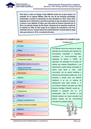 Página 33
ADMINISTRACIÓN EMPRESARIAL Y LOGISTICA
Administración Empresarial y Logística
Docente: CPC Shirley del Pilar Huatay Sánchez
MOVIMIENTOS ELEMENTALES
Para llevar a cabo su trabajo, Frank Gilbreth contó con la gran ayuda y el
respaldo de su esposa William. Ella fue una de las primeras psicólogas
industriales y recibió su doctorado en esta disciplina en 1915, nueve años
después de su matrimonio y durante el período en que se dedicó a procesar
y educar a sus célebres 12 hijos, que más tarde se hicieron famosos por el
libro y la película Cheper by the Dozen. Después de la repentina muerte de
su esposo en 1924, se hizo cargo de su negocio de consultoría y fue muy
aclamada como la “primera dama de la administración” durante toda su larga
vida que terminó en 1972, a la edad de 93 años.
1
2
3
4
5
6
7
8
9
10
11
12
13
14
15
16
17
•Planear
•Reposar
•Esperar cuando es evitable
•Esperar inevitablemente
Asegurar
•Inspeccionar
•Descargar
•Utilizar
•Separar
•Unir (juntar)
•Ubicar previamente
(preparar para colocar en posición.)
•Posicionar (colocar en posición)
•Transportar cargado
•Transportar desocupado
•Pegar
•Escoger
•Buscar
(THERBLIGS):
Los Gilbreth fueron los primeros en utilizar
películas de movimiento para estudiar los
movimientos corporales y manuales.
Inventaron un micro-cronómetro que
registraba el tiempo a 1/2000 de
segundos, los colocaban en el campo de
estudio que estaban fotografiando, y así
determinaron cuánto tiempo se tardaba un
obrero para llevar a cabo cada
movimiento. Así se podían identificar y
eliminar los movimientos inútiles que no se
percibían a simple vista. Los Gilbreth
diseñaron a su vez un sistema de
clasificación para darle nombre a 17
movimientos básicos manuales que ellos
llamaron therbligs (“Gilbreth” escrito de
derecha a izquierda con la
transpuesta). Esto le permitía a
“th”
los
Gilbreth analizar con mayor precisión los
electos exactos de los movimientos
manuales de cualquier obrero.
 