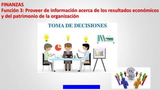 FINANZAS
Función 3: Proveer de información acerca de los resultados económicos
y del patrimonio de la organización
 