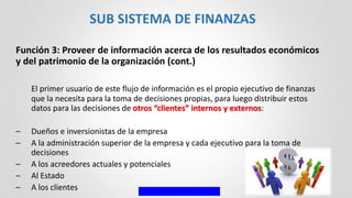 Función 3: Proveer de información acerca de los resultados económicos
y del patrimonio de la organización (cont.)
El primer usuario de este flujo de información es el propio ejecutivo de finanzas
que la necesita para la toma de decisiones propias, para luego distribuir estos
datos para las decisiones de otros “clientes” internos y externos:
– Dueños e inversionistas de la empresa
– A la administración superior de la empresa y cada ejecutivo para la toma de
decisiones
– A los acreedores actuales y potenciales
– Al Estado
– A los clientes
SUB SISTEMA DE FINANZAS
 