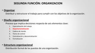 SEGUNDA FUNCIÓN: ORGANIZACION
• Organizar
Distribuir y estructurar el trabajo para cumplir con los objetivos de la organización.
• Diseño organizacional
Proceso que implica decisiones respecto de seis elementos clave:
1. Especialización del trabajo
2. Departamentalización
3. Cadena de mando
4. Tramo de control
5. Centralización y descentralización
6. Formalización
• Estructura organizacional
Distribución formal de los puestos de una organización.
 
