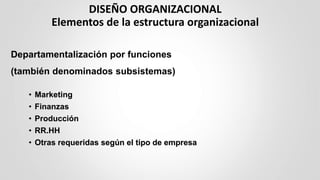 DISEÑO ORGANIZACIONAL
Elementos de la estructura organizacional
Departamentalización por funciones
(también denominados subsistemas)
• Marketing
• Finanzas
• Producción
• RR.HH
• Otras requeridas según el tipo de empresa
 