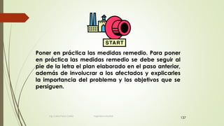 137
Poner en práctica las medidas remedio. Para poner
en práctica las medidas remedio se debe seguir al
pie de la letra el plan elaborado en el paso anterior,
además de involucrar a los afectados y explicarles
la importancia del problema y los objetivos que se
persiguen.
Ing. Carlos Parra Carrillo Ingeniero Industrial
 