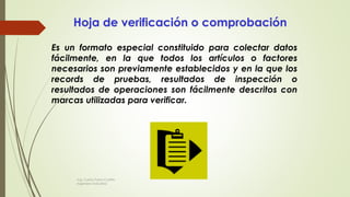Hoja de verificación o comprobación
Es un formato especial constituido para colectar datos
fácilmente, en la que todos los artículos o factores
necesarios son previamente establecidos y en la que los
records de pruebas, resultados de inspección o
resultados de operaciones son fácilmente descritos con
marcas utilizadas para verificar.
Ing. Carlos Parra Carrillo
Ingeniero Industrial
 