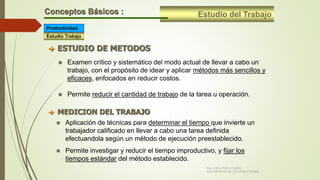 Estudio del TrabajoConceptos Básicos :
Estudio Trabajo
Productividad
 ESTUDIO DE METODOS
 Examen crítico y sistemático del modo actual de llevar a cabo un
trabajo, con el propósito de idear y aplicar métodos más sencillos y
eficaces, enfocados en reducir costos.
 Permite reducir el cantidad de trabajo de la tarea u operación.
 MEDICION DEL TRABAJO
 Aplicación de técnicas para determinar el tiempo que invierte un
trabajador calificado en llevar a cabo una tarea definida
efectuandola según un método de ejecución preestablecido.
 Permite investigar y reducir el tiempo improductivo, y fijar los
tiempos estándar del método establecido.
Ing. Carlos Parra Carrillo
ADMINISTRACION DE OPERACIONES
 