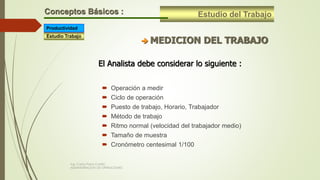 Estudio del TrabajoConceptos Básicos :
 MEDICION DEL TRABAJO
 Operación a medir
 Ciclo de operación
 Puesto de trabajo, Horario, Trabajador
 Método de trabajo
 Ritmo normal (velocidad del trabajador medio)
 Tamaño de muestra
 Cronómetro centesimal 1/100
El Analista debe considerar lo siguiente :
Estudio Trabajo
Productividad
Ing. Carlos Parra Carrillo
ADMINISTRACION DE OPERACIONES
 