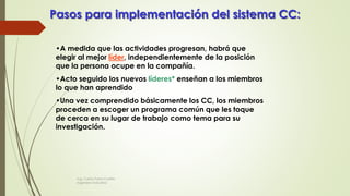 Pasos para implementación del sistema CC:
•A medida que las actividades progresan, habrá que
elegir al mejor líder, independientemente de la posición
que la persona ocupe en la compañía.
•Acto seguido los nuevos líderes* enseñan a los miembros
lo que han aprendido
•Una vez comprendido básicamente los CC, los miembros
proceden a escoger un programa común que les toque
de cerca en su lugar de trabajo como tema para su
investigación.
Ing. Carlos Parra Carrillo
Ingeniero Industrial
 