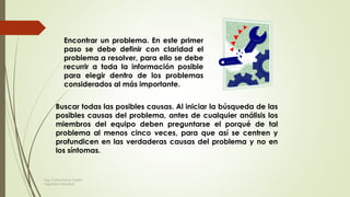 Encontrar un problema. En este primer
paso se debe definir con claridad el
problema a resolver, para ello se debe
recurrir a toda la información posible
para elegir dentro de los problemas
considerados al más importante.
Buscar todas las posibles causas. Al iniciar la búsqueda de las
posibles causas del problema, antes de cualquier análisis los
miembros del equipo deben preguntarse el porqué de tal
problema al menos cinco veces, para que así se centren y
profundicen en las verdaderas causas del problema y no en
los síntomas.
Ing. Carlos Parra Carrillo
Ingeniero Industrial
 