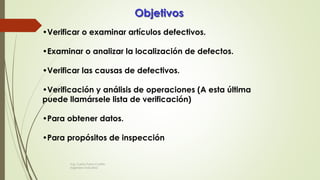 Objetivos
•Verificar o examinar artículos defectivos.
•Examinar o analizar la localización de defectos.
•Verificar las causas de defectivos.
•Verificación y análisis de operaciones (A esta última
puede llamársele lista de verificación)
•Para obtener datos.
•Para propósitos de inspección
Ing. Carlos Parra Carrillo
Ingeniero Industrial
 