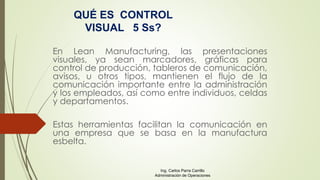 En Lean Manufacturing, las presentaciones
visuales, ya sean marcadores, gráficas para
control de producción, tableros de comunicación,
avisos, u otros tipos, mantienen el flujo de la
comunicación importante entre la administración
y los empleados, así como entre individuos, celdas
y departamentos.
Estas herramientas facilitan la comunicación en
una empresa que se basa en la manufactura
esbelta.
QUÉ ES CONTROL
VISUAL 5 Ss?
Ing. Carlos Parra Carrillo
Administración de Operaciones
 