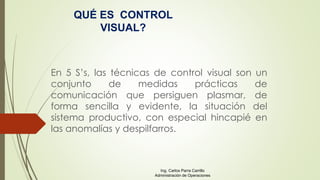 En 5 S’s, las técnicas de control visual son un
conjunto de medidas prácticas de
comunicación que persiguen plasmar, de
forma sencilla y evidente, la situación del
sistema productivo, con especial hincapié en
las anomalías y despilfarros.
QUÉ ES CONTROL
VISUAL?
Ing. Carlos Parra Carrillo
Administración de Operaciones
 