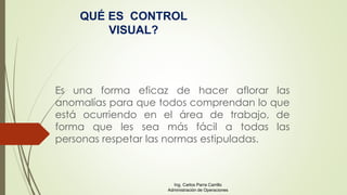Es una forma eficaz de hacer aflorar las
anomalías para que todos comprendan lo que
está ocurriendo en el área de trabajo, de
forma que les sea más fácil a todas las
personas respetar las normas estipuladas.
QUÉ ES CONTROL
VISUAL?
Ing. Carlos Parra Carrillo
Administración de Operaciones
 