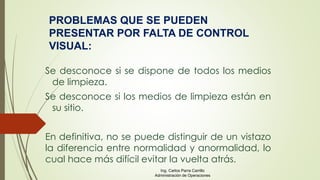 Se desconoce si se dispone de todos los medios
de limpieza.
Se desconoce si los medios de limpieza están en
su sitio.
En definitiva, no se puede distinguir de un vistazo
la diferencia entre normalidad y anormalidad, lo
cual hace más difícil evitar la vuelta atrás.
PROBLEMAS QUE SE PUEDEN
PRESENTAR POR FALTA DE CONTROL
VISUAL:
Ing. Carlos Parra Carrillo
Administración de Operaciones
 