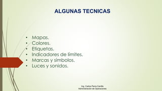 ALGUNAS TECNICAS
• Mapas.
• Colores.
• Etiquetas.
• Indicadores de límites.
• Marcas y símbolos.
• Luces y sonidos.
Ing. Carlos Parra Carrillo
Administración de Operaciones
 