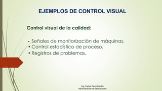 EJEMPLOS DE CONTROL VISUAL
• Señales de monitorización de máquinas.
• Control estadístico de proceso.
• Registros de problemas.
Control visual de la calidad:
Ing. Carlos Parra Carrillo
Administración de Operaciones
 