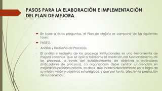 PASOS PARA LA ELABORACIÓN E IMPLEMENTACIÓN
DEL PLAN DE MEJORA
 En base a estas preguntas, el Plan de Mejora se compone de las siguientes
fases:
 FASE 2.
- Análisis y Rediseño de Procesos.
- El análisis y rediseño de los procesos institucionales es una herramienta de
mejora continua, que se aplica mediante la medición del funcionamiento de
los procesos, a través del establecimiento de objetivos o estándares
(indicadores de procesos). La organización debe centrar su atención en
mejorar los procesos críticos, es decir, que inciden directamente en el logro de
su misión, visión y objetivos estratégicos, y que por tanto, afecten la prestación
de sus servicios.
 