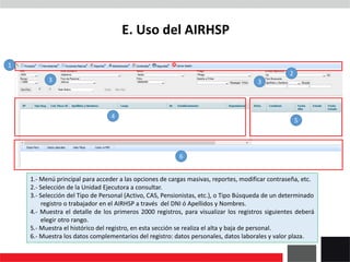 1.- Menú principal para acceder a las opciones de cargas masivas, reportes, modificar contraseña, etc.
2.- Selección de la Unidad Ejecutora a consultar.
3.- Selección del Tipo de Personal (Activo, CAS, Pensionistas, etc.), o Tipo Búsqueda de un determinado
registro o trabajador en el AIRHSP a través del DNI ó Apellidos y Nombres.
4.- Muestra el detalle de los primeros 2000 registros, para visualizar los registros siguientes deberá
elegir otro rango.
5.- Muestra el histórico del registro, en esta sección se realiza el alta y baja de personal.
6.- Muestra los datos complementarios del registro: datos personales, datos laborales y valor plaza.
E. Uso del AIRHSP
2
3
4
5
6
1
3
 
