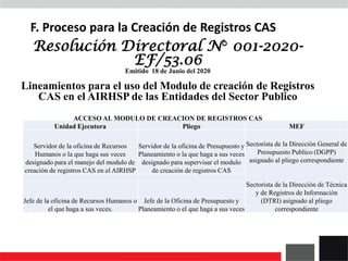 F. Proceso para la Creación de Registros CAS
Unidad Ejecutora Pliego MEF
Servidor de la oficina de Recursos
Humanos o la que haga sus veces
designado para el manejo del modulo de
creación de registros CAS en el AIRHSP
Servidor de la oficina de Presupuesto y
Planeamiento o la que haga a sus veces
designado para supervisar el modulo
de creación de registros CAS
Sectorista de la Dirección General de
Presupuesto Publico (DGPP)
asignado al pliego correspondiente
Sectorista de la Dirección de Técnica
y de Registros de Información
(DTRI) asignado al pliego
correspondiente
Jefe de la oficina de Recursos Humanos o
el que haga a sus veces.
Jefe de la Oficina de Presupuesto y
Planeamiento o el que haga a sus veces
Resolución Directoral N° 001-2020-
EF/53.06
Emitido 18 de Junio del 2020
Lineamientos para el uso del Modulo de creación de Registros
CAS en el AIRHSP de las Entidades del Sector Publico
ACCESO AL MODULO DE CREACION DE REGISTROS CAS
 