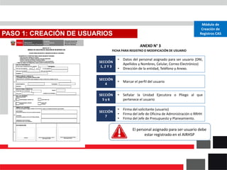 PASO 1: CREACIÓN DE USUARIOS
Módulo de
Creación de
Registros CAS
SECCIÓN
1, 2 Y 3
• Datos del personal asignado para ser usuario (DNI,
Apellidos y Nombres, Celular, Correo Electrónico)
• Dirección de la entidad, Teléfono y Anexo.
SECCIÓN
4
• Marcar el perfil del usuario
SECCIÓN
5 y 6
• Señalar la Unidad Ejecutora o Pliego al que
pertenece el usuario
SECCIÓN
7
• Firma del solicitante (usuario)
• Firma del Jefe de Oficina de Administración o RRHH
• Firma del Jefe de Presupuesto y Planeamiento.
FICHA PARA REGISTRO O MODIFICACIÓN DE USUARIO
ANEXO N° 3
El personal asignado para ser usuario debe
estar registrado en el AIRHSP
 