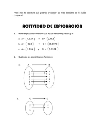 “Vale más la sabiduría que piedras preciosas” ¡lo más deseable se le puede
comparar!
ACTIVIDAD DE EXPLORACIÓN
1. Hallar el producto cartesiano con ayuda de los conjuntos A y B:
a. A = 1,2,3,4 y B = 2,4,6,8
b. A = 0,2,5 y B = 3,5,8,9,10
c. A = 1,2,3,4 y B = 3,6,9,12
2. Cuales de las siguientes son funciones:
a. A B
b. C D
-2
-3
-1
0
1
2
a
b
c
d
e
f
X .
Y .
Z.
a
b
 