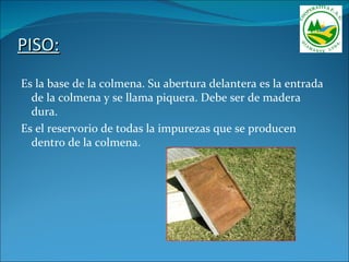 PISO:
Es la base de la colmena. Su abertura delantera es la entrada
  de la colmena y se llama piquera. Debe ser de madera
  dura.
Es el reservorio de todas la impurezas que se producen
  dentro de la colmena.
 