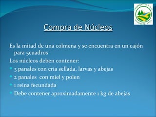 Compra de Núcleos

Es la mitad de una colmena y se encuentra en un cajón
  para 5cuadros
Los núcleos deben contener:
 3 panales con cría sellada, larvas y abejas
 2 panales con miel y polen
 1 reina fecundada
 Debe contener aproximadamente 1 kg de abejas
 
