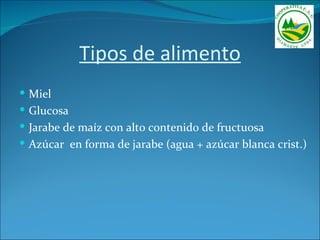 Tipos de alimento
 Miel
 Glucosa
 Jarabe de maíz con alto contenido de fructuosa
 Azúcar en forma de jarabe (agua + azúcar blanca crist.)
 