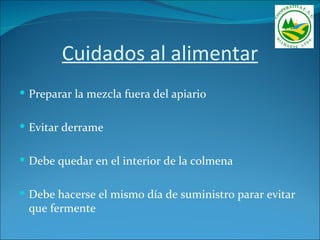 Cuidados al alimentar
 Preparar la mezcla fuera del apiario


 Evitar derrame


 Debe quedar en el interior de la colmena


 Debe hacerse el mismo día de suministro parar evitar
 que fermente
 