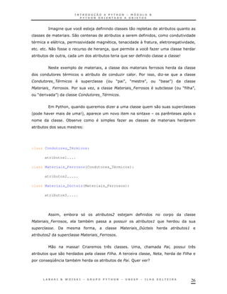 =                                )                                   0                     *
                                20                               *                            !
                        !                                            !               N            !                        !
            <0                               &           3!                                   K                    &
    *                   !                            *                                                         9


            <           1                                !                                             &
                                             *                           K           $        ! K.
1                   #                                        '       R S R
                                                                       !                 S
                                                                                         !        R
                                                                                                  *        S
                                                                                                           +
@               6           '$               K!                      @           6                *        '       R &S
                                                                                                                      !
    R            S
                 +                   1                   #               '


                 $ & !
                  %                                              K                            0
'       &                            9!
                                     +                                                   1
                            *                                            K                                     &
    *




class Condutores_Térmicos:

        atributos1....

class Materiais_Ferrosos(Condutores_Térmicos):

        atributos2.....

class Materiais_Dúcteis(Materiais_Ferrosos):

        atributos3.....




                    !       *                                    ?           )
@           6               !            *                                                    3        &
                    /                            !                       @           CD           &                    3
            ?                        @               6


            0                       9                                            ;   ! &
    *               0 &                                      6                               !2       !&           6
                O               *        &                   *                   F        G




                                                                                                                       26
 