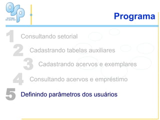ATIVIDADE 5 Consultando setorial Cadastrando tabelas auxiliares Cadastrando acervos e exemplares Consultando acervos e empréstimo Definindo parâmetros dos usuários 1 2 3 4 5 Programa 