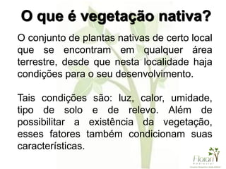 O que é vegetação nativa?
O conjunto de plantas nativas de certo local
que se encontram em qualquer área
terrestre, desde que nesta localidade haja
condições para o seu desenvolvimento.
Tais condições são: luz, calor, umidade,
tipo de solo e de relevo. Além de
possibilitar a existência da vegetação,
esses fatores também condicionam suas
características.
 