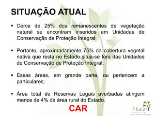  Cerca de 25% dos remanescentes de vegetação
natural se encontram inseridos em Unidades de
Conservação de Proteção Integral;
 Portanto, aproximadamente 75% da cobertura vegetal
nativa que resta no Estado situa-se fora das Unidades
de Conservação de Proteção Integral;
 Essas áreas, em grande parte, ou pertencem a
particulares;
 Área total de Reservas Legais averbadas atingem
menos de 4% da área rural do Estado.
CAR
SITUAÇÃO ATUAL
 