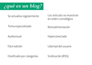 ¿qué es un blog?
 Se actualiza regularmente    Los artículos se muestran
                              en orden cronológico

 Tema especializado           Retroalimentación


 Audiovisual                  Hiperconectado


 Fácil edición                Libertad del usuario


 Clasificado por categorías   Sindicación (RSS)
 