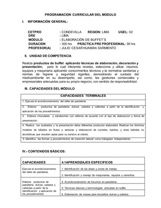 PROGRAMACION CURRICULAR DEL MODULO
I. INFORMACIÓN GENERAL:
CETPRO : CONDEVILLA REGION: LIMA UGEL: 02
DRE : LIMA
MÓDULO : ELABORACIÓN DE BUFFET´S
DURACION : 300 hrs PRÁCTICA PRE PROFESIONAL: 90 hrs
PROFESOR(A) : JULIO CESAR HUAMÁN SARMIENTO
II. UNIDAD DE COMPETENCIA
Realiza productos de buffet aplicando técnicas de elaboración, decoración y
presentación, para lo cual interpreta recetas, selecciona y utiliza: insumos,
equipos y maquinaria aplicando conocimientos técnicos y la normativa sanitarias y
normas de higiene y seguridad vigentes, demostrando el cuidado del
medioambiente en su desempeño, así como, las gestiones comerciales y
empresariales adecuadas para su propio negocio; con sentido de responsabilidad.
III. CAPACIDADES DEL MÓDULO
IV.- CONTENIDOS BÁSICOS:
CAPACIDADES 4.1APRENDIZAJES ESPECIFICOS
Ejecuta el acondicionamiento
del taller de pastelería.
1. Identificación de las áreas y zonas de trabajo.
2. Identificación y manejo de maquinarias, equipos y utensilios.
Elabora productos de
pastelería, dulces, salados y
calientes a partir de la
identificación y aplicación de
los procedimientos
4. Acondicionamiento de Insumos en pastelería.
5. Técnicas básicas y terminologías utilizadas en buffet.
6. Elaboración de masas para bocaditos dulces y salados.
CAPACIDADES TERMINALES
1. Ejecuta el acondicionamiento del taller de pastelería.
2. Elabora productos de pastelería, dulces, salados y calientes a partir de la identificación y
aplicación de los procedimientos.
3. Elabora chocolates y sándwiches con rellenos de acuerdo con el tipo de elaboracion y forma de
presentación.
4. Realiza los acabados y la presentación delos diferentes productos elaborados Realizan los distintos
modelos de tallados en frutas y verduras y elaboracion de cocteles, batidos, y otras bebidas no
alcohólicas que resulten aptas para su servicio al cliente.
5. Identifica las formas y procedimientos de inserción laboral como trabajador Independiente.
 