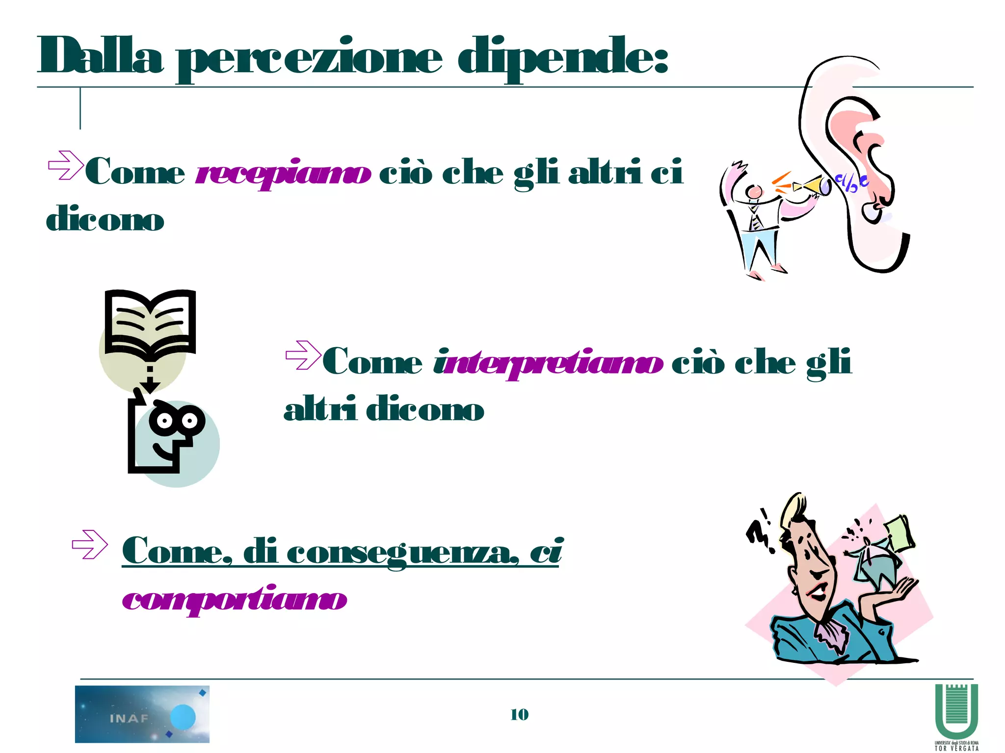 10
 Come, di conseguenza, ci
comportiamo
Dalla percezione dipende:
Come recepiamo ciò che gli altri ci
dicono
Come interpretiamo ciò che gli
altri dicono
 