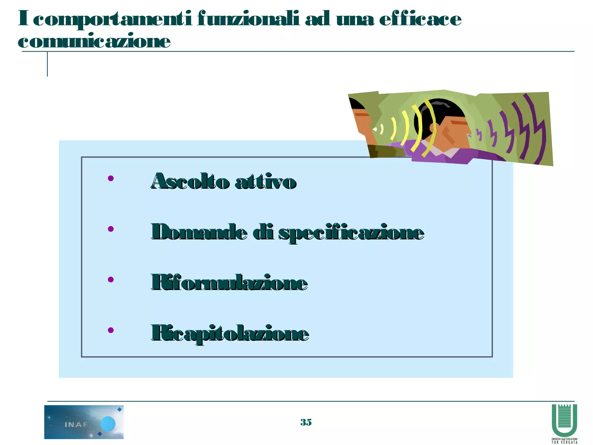 35
I comportamenti funzionali ad una efficace
comunicazione
• Ascolto attivoAscolto attivo
• Domande di specificazioneDomande di specificazione
• RiformulazioneRiformulazione
• RicapitolazioneRicapitolazione
 