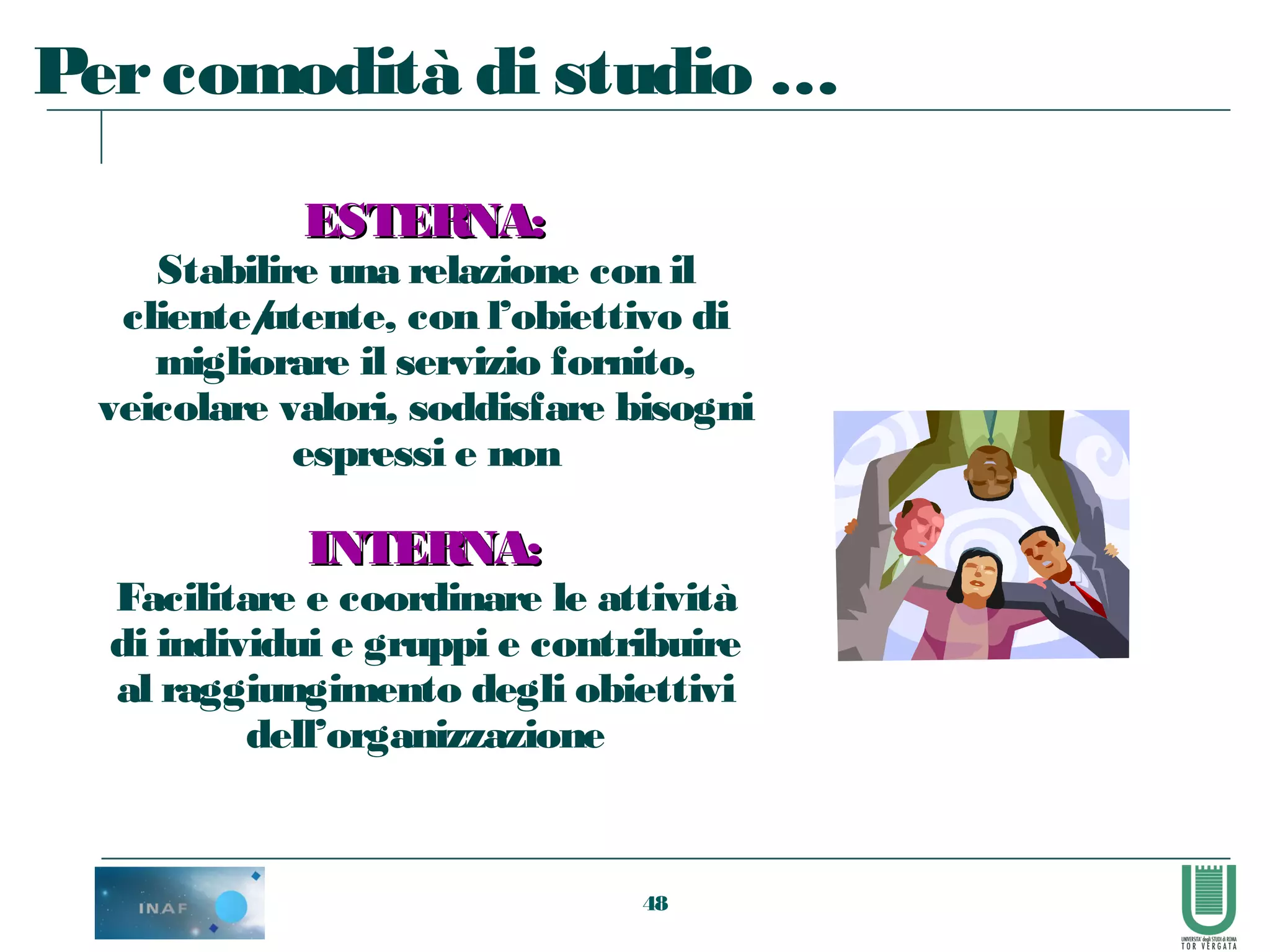 48
Percomodità di studio …
ESTERNA:ESTERNA:
Stabilire una relazione con il
cliente/utente, con l’obiettivo di
migliorare il servizio fornito,
veicolare valori, soddisfare bisogni
espressi e non
INTERNA:INTERNA:
Facilitare e coordinare le attività
di individui e gruppi e contribuire
al raggiungimento degli obiettivi
dell’organizzazione
 
